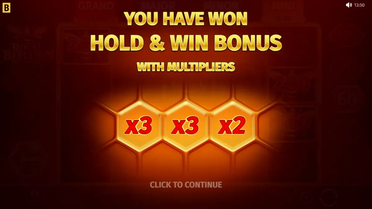 Tampilan visual slot Royal Beellion Hold & Win dengan tema lebah emas dan madu